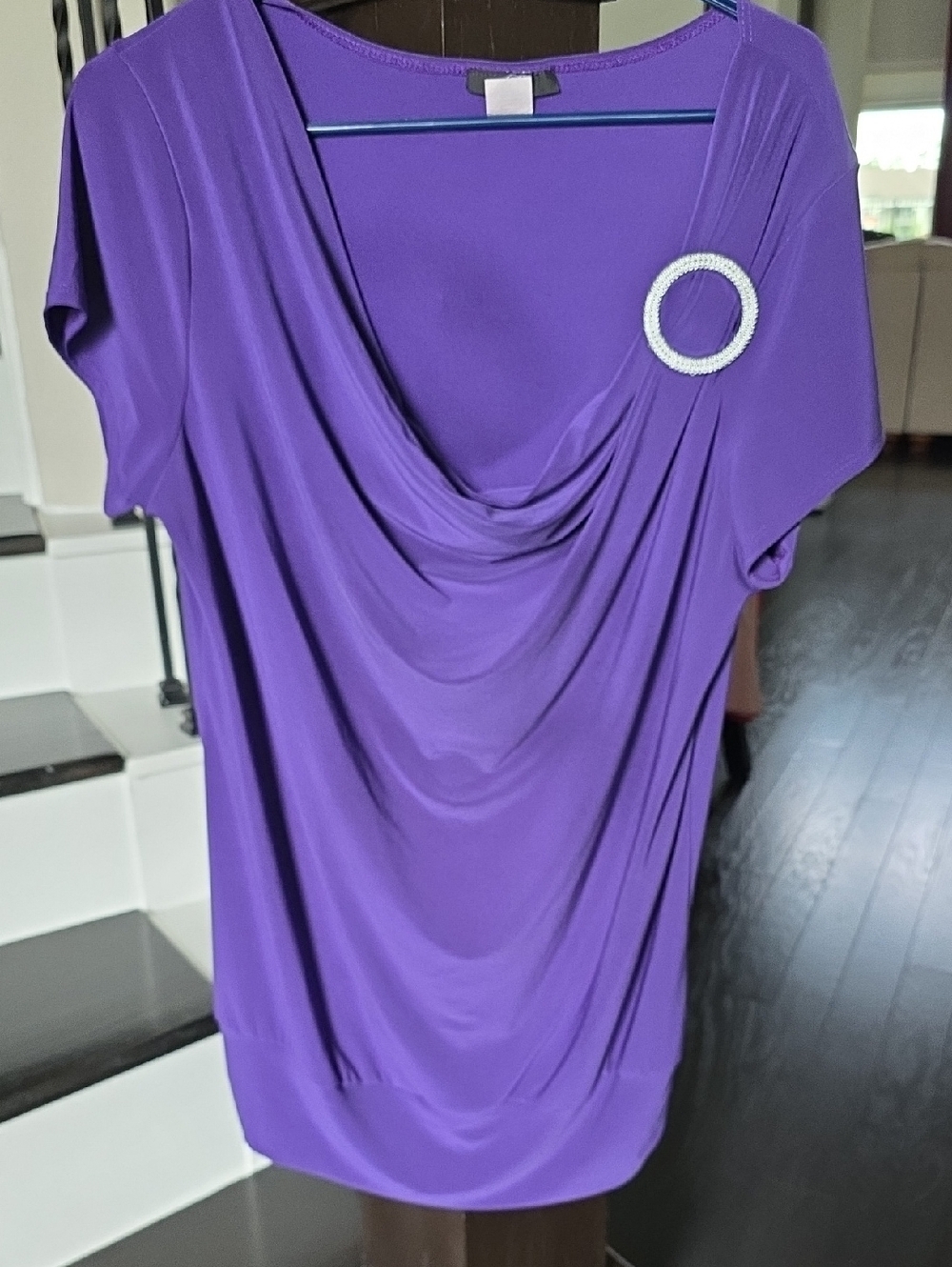 Dynamite Purple Draped Cowl Neck Top with Rhinestone Brooch